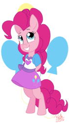 Size: 900x1600 | Tagged: safe, artist:hufflepuffrave, pinkie pie, anthro, unguligrade anthro, g4, clothes, cute, cutie mark background, diapinkes, equestria girls outfit, female, simple background, skirt, solo, transparent background