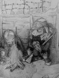 Size: 1579x2086 | Tagged: safe, artist:coolumbus, pony, barbed wire, clothes, coat, corpse, dead, depressed, fireplace, floppy ears, freezing, french, gun, helmet, monochrome, mortar, pickelhaube, rifle, sitting, speedpaint, traditional art, trench, trench warfare, weapon, winter, world war i