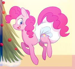 Size: 1280x1170 | Tagged: safe, artist:paddedpaws, pinkie pie, earth pony, pony, g4, christmas tree, diaper, female, non-baby in diaper, poofy diaper, solo, tree