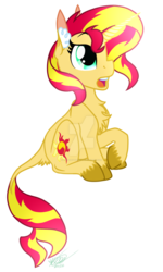 Size: 1024x1707 | Tagged: safe, artist:kimmaieythefox, sunset shimmer, classical unicorn, pony, g4, chest fluff, ear fluff, female, horn, leonine tail, raised hoof, simple background, sitting, solo, transparent background, unshorn fetlocks, watermark