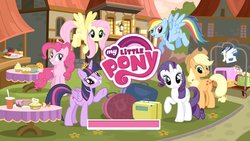 Size: 1200x675 | Tagged: safe, gameloft, applejack, fluttershy, pinkie pie, rainbow dash, rarity, twilight sparkle, alicorn, pony, g4, season 7, golden horseshoe hotel, hotel, loading screen, mane six, my little pony logo, pony hotel, twilight sparkle (alicorn)