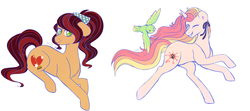 Size: 2600x1150 | Tagged: safe, artist:cinnamonsparx, oc, oc only, oc:dream sweeper, oc:painted paws, bird, earth pony, pony, unicorn, female, mare, prone, simple background, white background