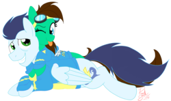 Size: 3617x2146 | Tagged: safe, artist:hufflepuffrave, soarin', oc, oc:pencil sketch, pegasus, pony, g4, canon x oc, clothes, duo, female, high res, hoodie, male, mare, shipping, simple background, stallion, straight, tongue out, transparent background