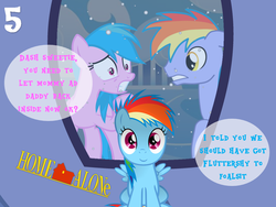 Size: 1024x768 | Tagged: safe, artist:bronybyexception, firefly, rainbow blaze, rainbow dash, pony, g1, g4, advent calendar, christmas, cross-generational shipping, dialogue, g1 to g4, generation leap, home alone, locked out, male, misspelling, ship:fireblaze, shipping, straight, younger