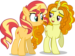 Size: 6000x4518 | Tagged: safe, artist:limedazzle, adagio dazzle, sunset shimmer, pony, unicorn, equestria girls, g4, absurd resolution, alternate universe, best friends, cute, duo, equestria girls ponified, eye contact, female, lesbian, lidded eyes, looking at each other, mare, open mouth, ponified, raised eyebrow, raised hoof, shimmerbetes, show accurate, simple background, smiling, transparent background, vector