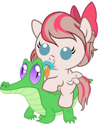 Size: 836x1017 | Tagged: safe, artist:red4567, angel wings, gummy, pony, g4, top bolt, baby, baby pony, bow, cute, pacifier, ponies riding gators, riding, weapons-grade cute