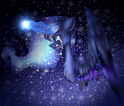 Size: 965x827 | Tagged: safe, artist:randomartist1324, artist:underdise, princess luna, pony, g4, collaboration, crying, female, glowing horn, gritted teeth, horn, snow, solo