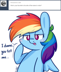 Size: 1024x1204 | Tagged: safe, artist:dsp2003, rainbow dash, pegasus, pony, g4, ask, blushing, chibi, comic, female, mare, open mouth, simple background, single panel, solo, style emulation, transparent background, tumblr