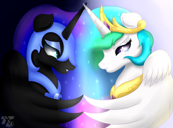 Size: 3543x2627 | Tagged: safe, artist:nexcoyotlgt, nightmare moon, princess celestia, alicorn, pony, g4, crying, high res, royal sisters