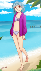 Size: 1462x2500 | Tagged: safe, artist:kare-valgon, oc, oc only, oc:hatii, human, barefoot, beach, belly button, bikini, clothes, colored pupils, feet, female, hoodie, humanized, humanized oc, looking at you, ocean, open clothes, open shirt, sand, smiling, solo, summer, swimsuit, water
