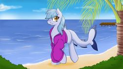 Size: 1920x1080 | Tagged: safe, artist:resonance, derpibooru exclusive, oc, oc only, oc:hatii, original species, shark, shark pony, beach, clothes, colored pupils, female, hoodie, looking at you, ocean, sand, solo, summer, water