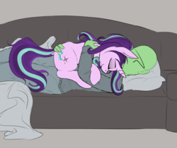 Size: 3452x2894 | Tagged: safe, artist:duop-qoub, starlight glimmer, oc, oc:anon, human, pony, unicorn, g4, clothes, couch, cuddling, cute, dock, duo, eyes closed, female, high res, human on pony snuggling, male, mare, on side, prone, sleeping, smiling, snuggling