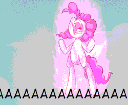Size: 580x480 | Tagged: safe, artist:uc77, pinkie pie, earth pony, pony, g4, aaaaaaaaaa, angry, animated, aura, dialogue, dragon ball, dragon ball z, female, fire, floating, gif, glowing, hilarious in hindsight, hotblooded pinkie pie, mare, open mouth, powering up, screaming, screaming in the comments, solo, super saiyan, transformation