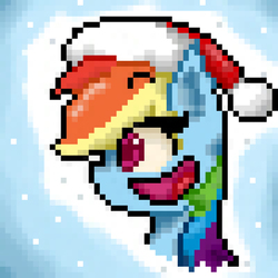 Size: 1000x1000 | Tagged: safe, artist:malphee, rainbow dash, pony, g4, female, hat, pixel art, santa hat, sidemouth, snow, solo