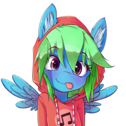 Size: 700x700 | Tagged: safe, artist:hoodie, oc, oc only, oc:aura specs, pegasus, pony, semi-anthro, :p, blushing, clothes, female, hoodie, silly, silly face, silly pony, simple background, solo, spread wings, tomboy, tongue out, transparent background