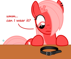 Size: 2426x2012 | Tagged: safe, artist:arifproject, oc, oc only, oc:downvote, pony, derpibooru, g4, collar, derpibooru ponified, dialogue, hair accessory, hair over one eye, high res, looking down, meta, ponified, simple background, solo, table, transparent background, vector