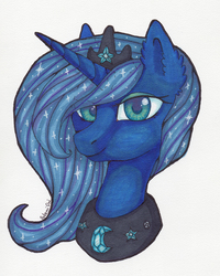 Size: 2000x2500 | Tagged: safe, artist:0okami-0ni, princess luna, alicorn, pony, g4, bust, female, high res, looking at you, mare, marker drawing, signature, simple background, solo, traditional art, white background