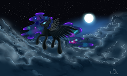 Size: 5000x3000 | Tagged: safe, artist:ruanshi, nightmare moon, pony, g4, cloud, cloudy, female, flying, galaxy mane, high res, moon, night, solo, stars