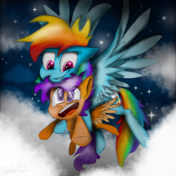 Size: 768x768 | Tagged: safe, artist:nikisha15, rainbow dash, scootaloo, g4, carrying, cloud, flying, holding, night, scootalove, smiling, stars