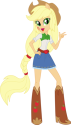 Size: 8451x14871 | Tagged: safe, artist:sugar-loop, applejack, equestria girls, g4, .ai available, .svg available, absurd resolution, alternative cutie mark placement, box art, clothes, cowboy hat, denim skirt, doll, eqg promo pose set, equestria girls plus, facial cutie mark, female, freckles, hand on hip, hat, open mouth, ponied up, simple background, skirt, solo, stetson, transparent background, vector