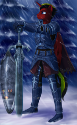 Size: 1919x3100 | Tagged: safe, artist:evomanaphy, oc, oc only, alicorn, anthro, plantigrade anthro, anthro oc, armor, commission, crossover, dark souls 3, fantasy class, forest, knight, male, shield, snow, snowfall, solo, sword, warrior, weapon