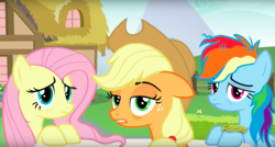 Size: 1440x772 | Tagged: safe, screencap, applejack, fluttershy, rainbow dash, pony, every little thing she does, g4, bags under eyes, discovery family logo, hangover, messy mane, pain