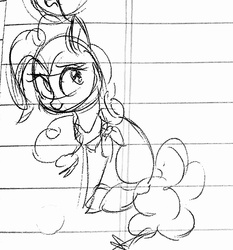 Size: 1184x1268 | Tagged: safe, anonymous artist, pinkie pie, earth pony, pony, g4, black and white, doodle, female, grayscale, lined paper, looking up, monochrome, photo, sketch, solo, traditional art