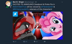 Size: 1376x845 | Tagged: safe, pinkie pie, g4, deadpool, death battle, fourth wall pose, meta, screwattack.com, text, twitter