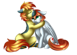 Size: 2882x2059 | Tagged: safe, artist:scarlet-spectrum, oc, oc only, oc:yaktan, earth pony, pegasus, pony, cute, duo, high res, hug, ocbetes, simple background, smiling, transparent background
