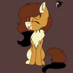 Size: 2000x2000 | Tagged: safe, artist:brokensilence, oc, oc only, oc:evelyn, earth pony, pony, :p, :t, brown background, chest fluff, cute, ear fluff, fluffy, heart, high res, looking at you, one eye closed, reference sheet, simple background, sitting, smiling, solo, tongue out, wink