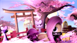 Size: 1920x1079 | Tagged: safe, artist:doge4ce, fluttershy, pony, g4, 3d, archway, building, cherry blossoms, cute, female, flower, mask, prone, shyabetes, solo, source filmmaker, tree