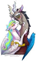 Size: 826x1390 | Tagged: safe, artist:stepandy, discord, princess celestia, alicorn, draconequus, pony, g4, eyeshadow, lidded eyes, looking at each other, makeup, male, ship:dislestia, shipping, straight