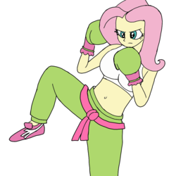 Size: 900x900 | Tagged: safe, artist:toyminator900, derpibooru exclusive, fluttershy, equestria girls, g4, badass, belly button, boxing gloves, breasts, busty fluttershy, female, flutterbadass, kickboxing, martial arts, midriff, simple background, solo, transparent background