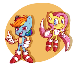 Size: 1024x891 | Tagged: safe, artist:artist-block, artist:dog22322, fluttershy, rainbow dash, fox, hedgehog, anthro, plantigrade anthro, g4, alternate universe, barely pony related, butterscotch, crossgender, crossover, fusion, male, miles "tails" prower, rainbow blitz, rainic, rule 63, sonic the hedgehog, sonic the hedgehog (series), sonicified, species swap, tailshy
