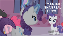 Size: 1270x718 | Tagged: safe, edit, edited screencap, screencap, pinkie pie, rarity, sweetie belle, g4, magic duel, disguise, female, filly, filly rarity, image macro, meme, raritie belle, rarity is not amused, younger