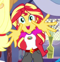 Size: 285x295 | Tagged: safe, screencap, applejack, sunset shimmer, equestria girls, g4, my little pony equestria girls: legend of everfree, cropped, cute, hand, happy, reaching, shimmerbetes, smiling