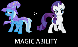 Size: 2164x1300 | Tagged: safe, rarity, trixie, pony, unicorn, g4, black background, cape, clothes, comparison, frown, glare, grin, gritted teeth, hat, lidded eyes, looking at you, raised eyebrow, raised hoof, raised leg, simple background, smiling, smirk, text, trixie's cape, trixie's hat