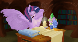 Size: 1980x1080 | Tagged: safe, artist:mongol, spike, twilight sparkle, alicorn, pony, g4, book, bookshelf, candle, eyes closed, food, large wings, lidded eyes, messy mane, open mouth, scroll, sleepy, spread wings, stretching, tea, teacup, teapot, twilight sparkle (alicorn), underhoof, wings, yawn