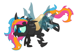 Size: 5000x3693 | Tagged: safe, artist:lostinthetrees, oc, oc only, oc:golden gates, changeling, babscon mascots, changeling oc, changelingified, fangs, flying, freckles, simple background, solo, species swap, transparent background
