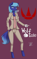 Size: 2597x4108 | Tagged: safe, artist:wolfy-pony, oc, oc only, oc:makina wolfsbane, earth pony, hybrid, wolf, anthro, unguligrade anthro, anthro oc, belt, blowing, cigarette, clothes, open mouth, pants, signature, smoking, solo
