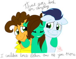 Size: 1006x774 | Tagged: safe, artist:hufflepuffrave, cheese sandwich, soarin', oc, oc:pencil sketch, pony, g4, canon x oc, crying, hug, shipping, simple background, transparent background, trio