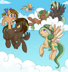 Size: 3000x3208 | Tagged: safe, artist:askbubblelee, oc, oc only, oc:kiwi breeze, oc:smokescreen, oc:whirlwind, oc:whirlwind (askbubblelee), oc:willow breeze, pegasus, pony, cloud, cute, family, high res, ocbetes, younger