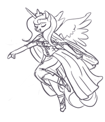 Size: 862x1000 | Tagged: safe, artist:king-kakapo, princess luna, anthro, unguligrade anthro, g4, arm hooves, cape, clothes, corset, dress, eyes closed, female, monochrome, s1 luna, simple background, sketch, solo, spread wings, white background