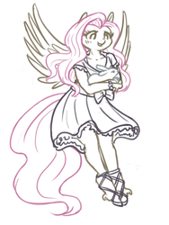 Size: 750x1000 | Tagged: safe, artist:king-kakapo, angel bunny, fluttershy, anthro, unguligrade anthro, g4, arm hooves, clothes, dress, ribbon, sandals, simple background, sketch, spread wings, white background
