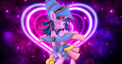 Size: 4096x2160 | Tagged: safe, artist:ardail, edit, twilight sparkle, pony, semi-anthro, g4, bipedal, blush sticker, blushing, chest fluff, clothes, colored pupils, cosplay, costume, crossover, cute, dark magician girl, ear fluff, female, heart, hoof hold, looking at you, marilyn monroe, off shoulder, one eye closed, open mouth, pentagram, playmat, shoulder fluff, solo, twiabetes, wallpaper, wand, wink, yu-gi-oh!