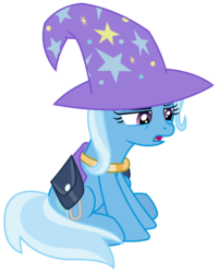 Size: 3075x3846 | Tagged: safe, artist:sketchmcreations, trixie, pony, unicorn, g4, to where and back again, annoyed, female, high res, mare, open mouth, saddle bag, simple background, sitting, solo, transparent background, trixie's hat, vector