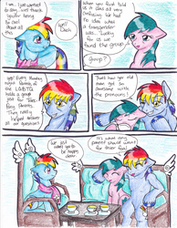 Size: 2552x3292 | Tagged: safe, artist:tristanjsolarez, firefly, rainbow blaze, rainbow dash, pegasus, pony, comic:trans ponies, g1, g4, blue background, chair, clothes, comic, couch, cup, family, female, firefly as rainbow dash's mom, g1 to g4, generation leap, male, mare, rainbow blitz, rainbow dash's parents, rule 63, scarf, ship:fireblaze, shipping, simple background, stallion, straight, table, teacup, traditional art, transgender, trio
