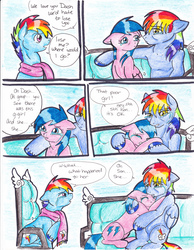 Size: 2552x3292 | Tagged: safe, artist:tristanjsolarez, firefly, rainbow blaze, rainbow dash, pegasus, pony, comic:trans ponies, g1, g4, chair, clothes, comic, couch, crying, family, female, firefly as rainbow dash's mom, g1 to g4, generation leap, male, mare, rainbow blitz, rainbow dash's parents, scarf, ship:fireblaze, shipping, sitting, stallion, straight, traditional art, transgender, trio