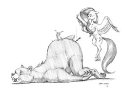 Size: 1400x1066 | Tagged: safe, artist:baron engel, angel bunny, fluttershy, harry, g4, :p, dart gun, derp, face down ass up, floppy ears, flying, grayscale, gun, literal butthurt, monochrome, pain, pencil drawing, simple background, spread wings, tongue out, traditional art, tranquilizer, tranquilizer dart, tranquilizer gun, unconscious, weapon, white background