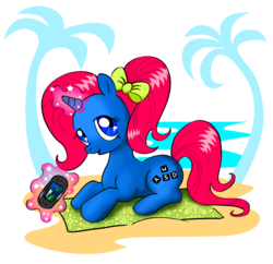 Size: 4000x3873 | Tagged: safe, artist:chimajra, oc, oc only, oc:play joy, pony, unicorn, bow, hair bow, magic, palm tree, prone, simple background, solo, transparent background, tree, video game